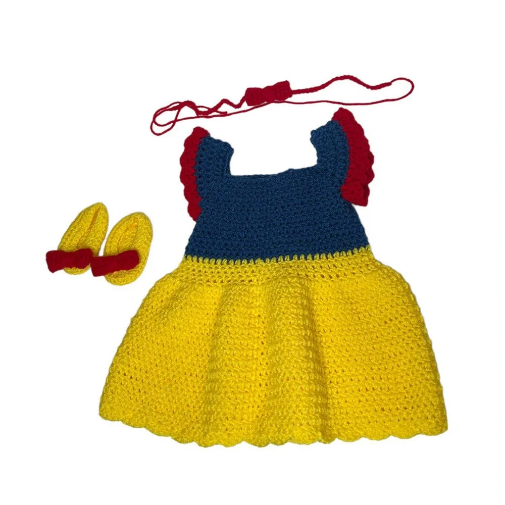Handmade Baby Girl Crochet Snow White Halloween Costume Princess Dress Bow Shoes